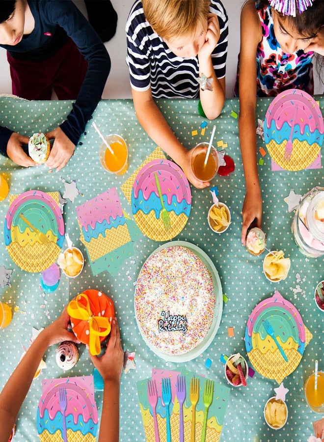 مجموعة لوازم حفلات الآيس كريم مكونة من 100 قطعة، تكفي 25 شخصًا - أطباق ورقية للاستخدام مرة واحدة، مناديل، وشوك ملونة، أدوات مائدة بطابع الآيس كريم لأعياد ميلاد الأطفال، الصيف، محلات الحلويات، وتزيين حفلات الحلويات - Image 5